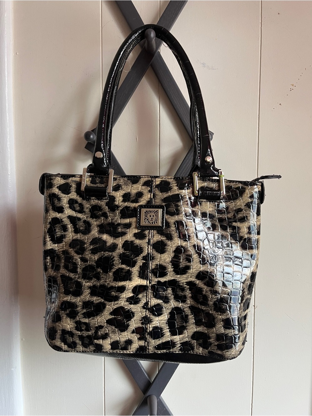 Anne Klein Leopard-Print Patent Tote - Black & Beige